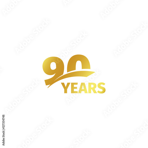 Isolated abstract golden 90th anniversary logo on white background. 90 number logotype. Ninty years jubilee celebration icon. Nintieth birthday emblem. Vector illustration.