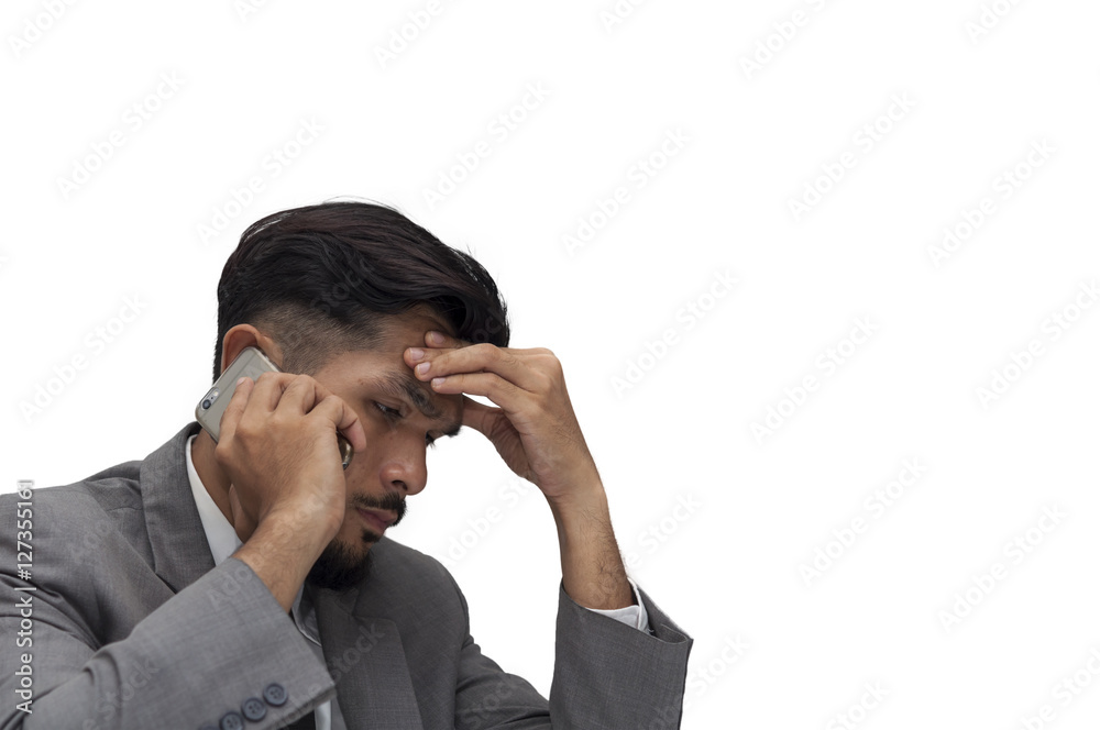 Talking on smartphone worried to worker on white background,Feeling exhausted Talking on smartphone worried to worker on white background,Feeling exhausted