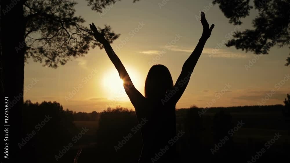 Happy young woman silhouette against bright golden sunset lifts hands up in air. Sunset light, sun lens flares, golden hour. Freedom and happiness concept Happy young woman silhouette against bright golden sunset lifts hands up in air. Sunset light, sun lens flares, golden hour. Freedom and happiness concept