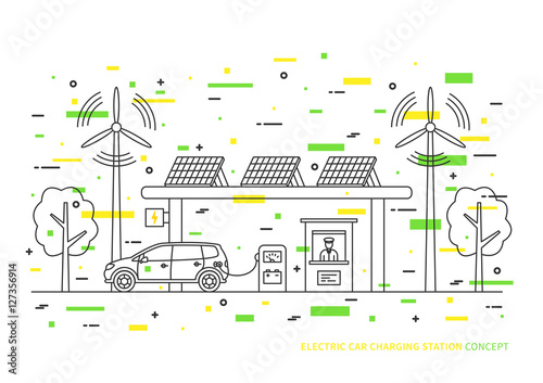 Electric car charging station vector illustration. Electric (hybrid) automobile charging at the eco power station with solar panels and wind turbines creative concept.