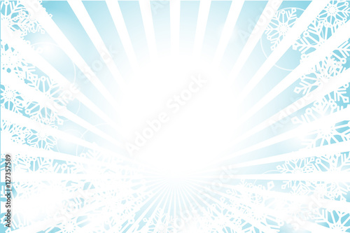 Winter sunburst with sun flare and snowflake background