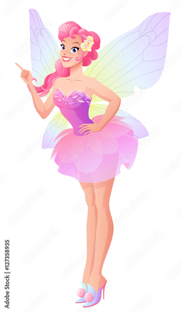 Vector pink fairy with butterfly wings with finger pointing up. Vector pink fairy with butterfly wings with finger pointing up.