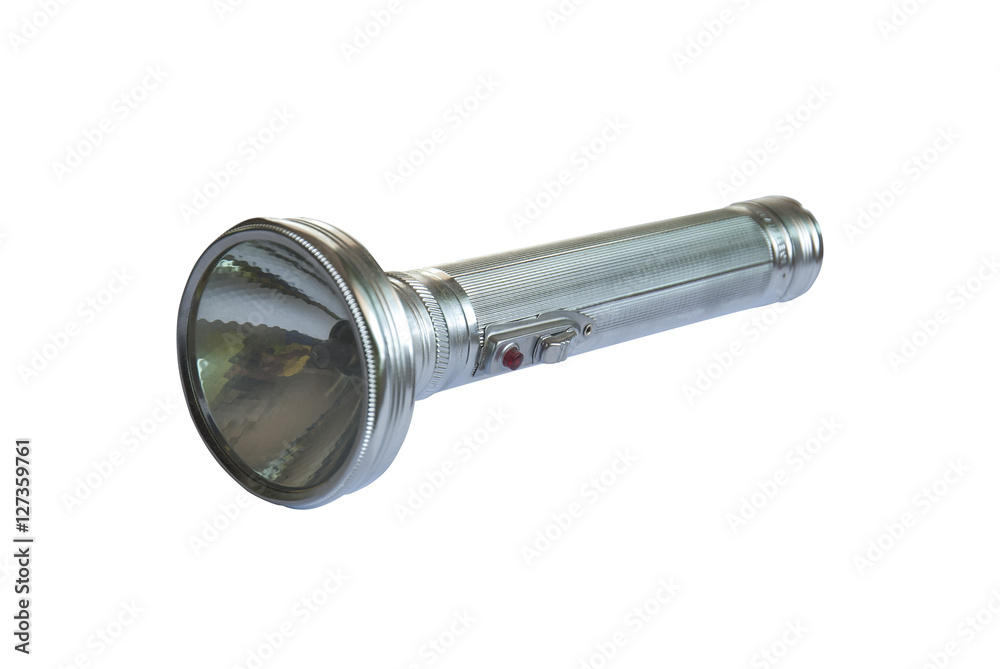 Old metal flashlight isolated on white background. Old metal flashlight isolated on white background.