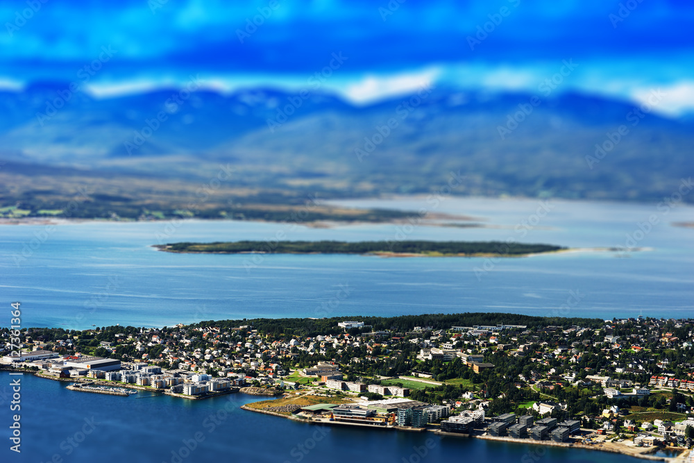 Tilt-shifted micro toy Tromso city background
