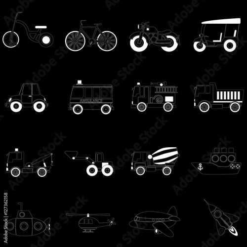 white vehicle icons on black