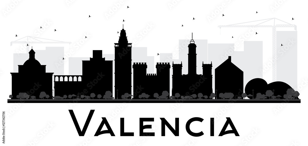 Valencia City skyline black and white silhouette.
