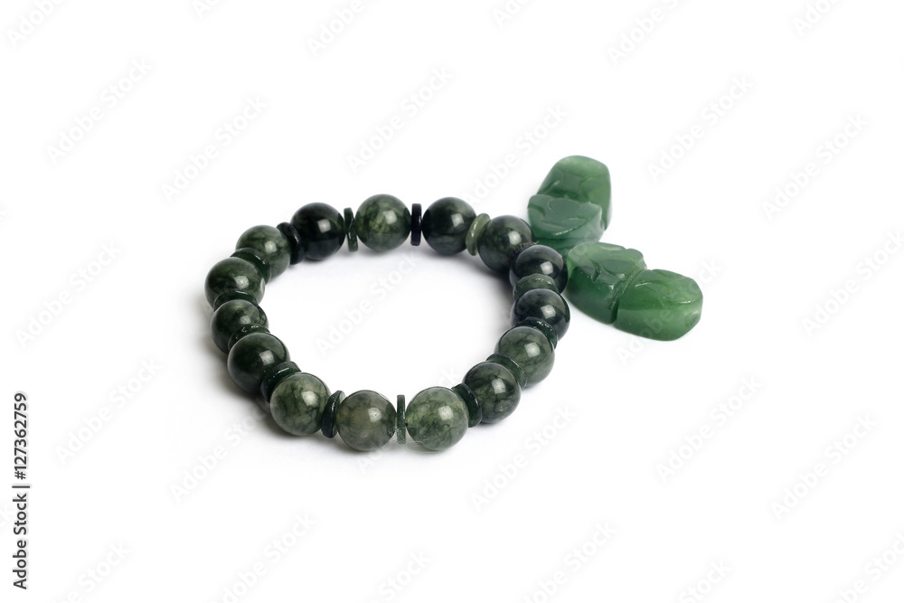 Beads Green Crackle Agate Bracelet and Jade pendant with white isolated background. It is believed that Strengthening peace and concentration Beads Green Crackle Agate Bracelet and Jade pendant with white isolated background. It is believed that Strengthening peace and concentration