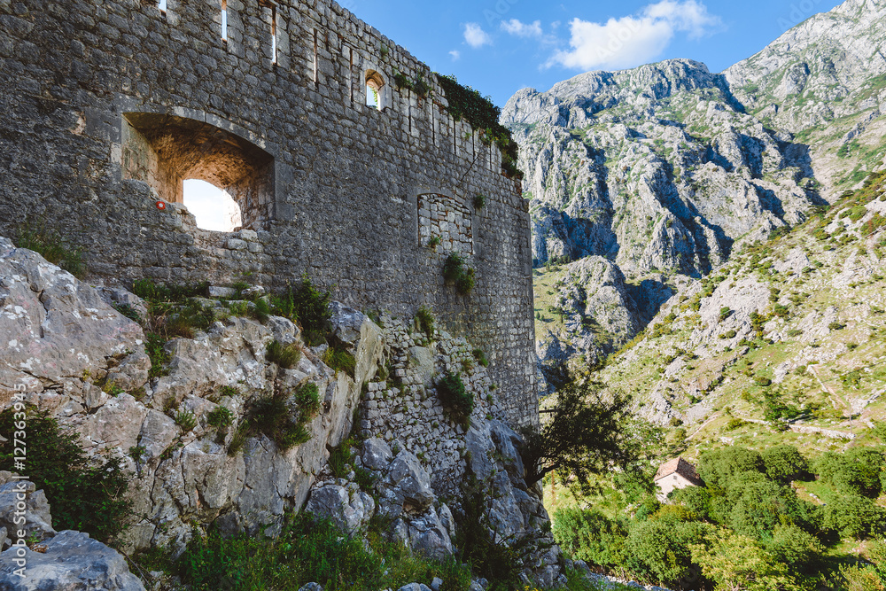 Old Kotor fortress and mountain valley landscape on the way to Lovchen hiking path, Montenegro