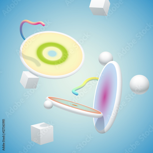 Colorful realistic 3d shapes. Composition with falling down abstract geometric forms. Contemporary vector illustration. Elements of design with trendy motives.