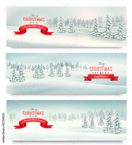 Three Christmas landscape banners. Vector.