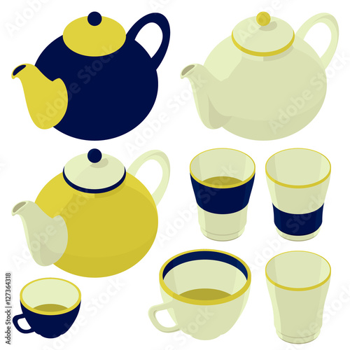 tea, teacup and teapot, kettle, isometric set, kitchenware items