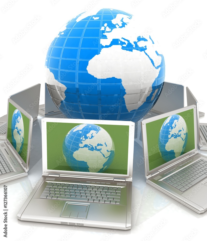 internet, global network, computers around globe. 3d render internet, global network, computers around globe. 3d render