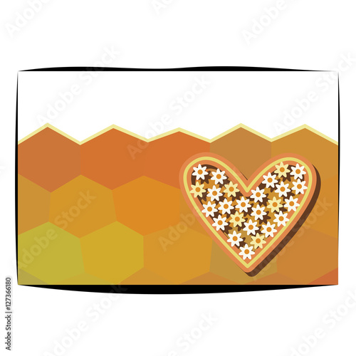 card with gold orange honeycombs decorated with floral heart - clear copy space is overhead