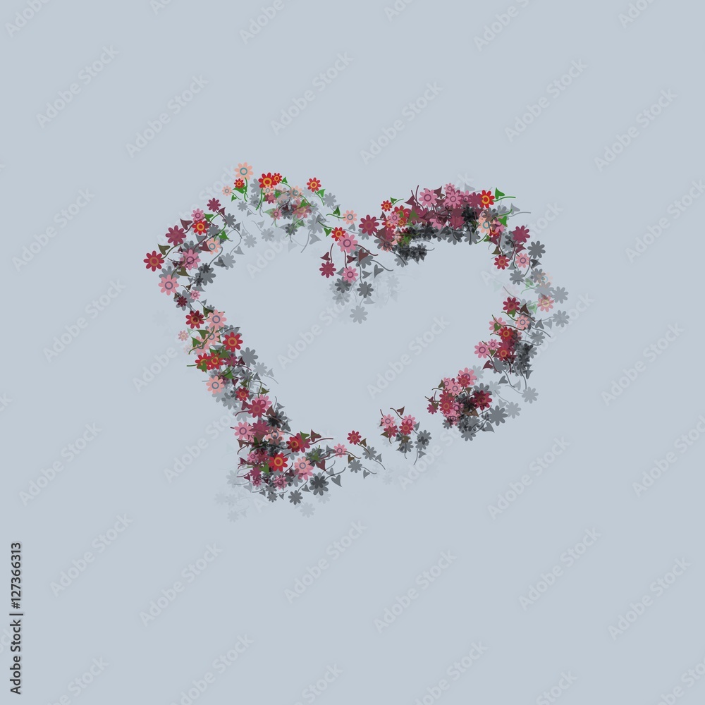Decorative sweet heart composed of small flowers with shadow on bright blue gray background