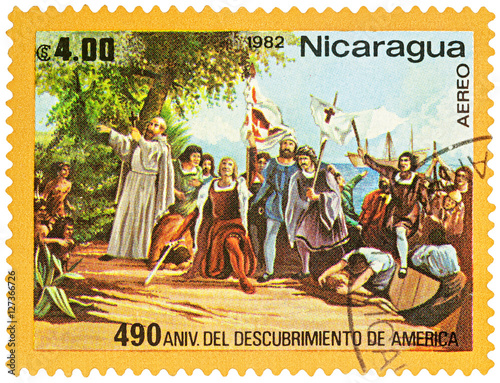 Landing of Christopher Columbus in West-Indies on postage stamp