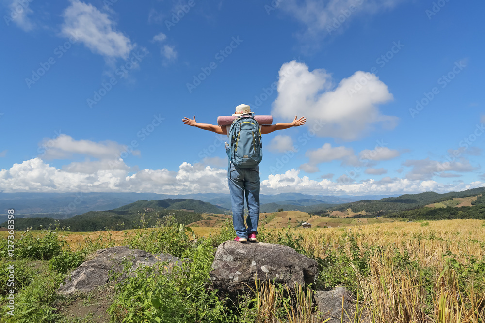 Woman relaxing travel on mountains and enjoying on time Woman relaxing travel on mountains and enjoying on time