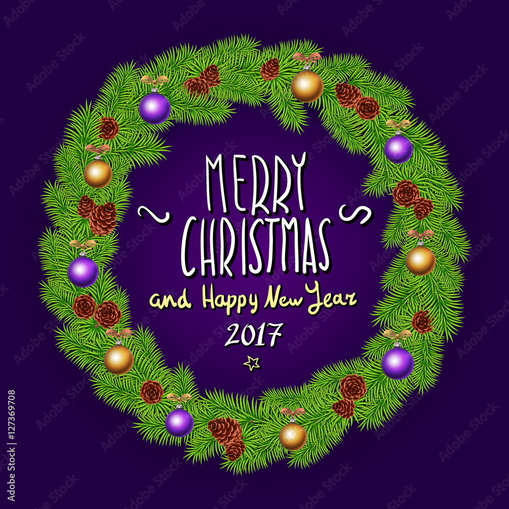 Merry Christmas And Happy New Year 2017 Vintage Background With Typography White card with Christmas wreath. Vector illustration.