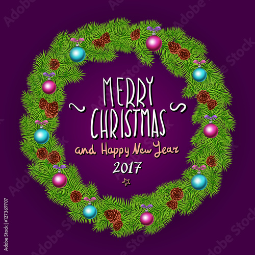 Merry Christmas And Happy New Year 2017 Vintage Background With Typography White card with Christmas wreath. Vector illustration. © 7razer