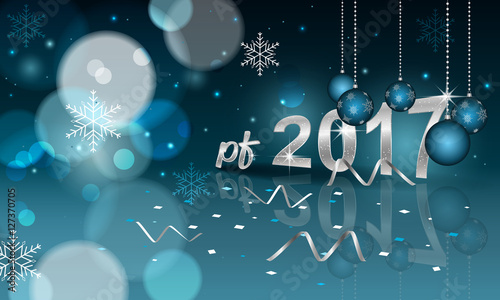 PF 2017 blurred background with hanging bauble, confetti and snowflakes.