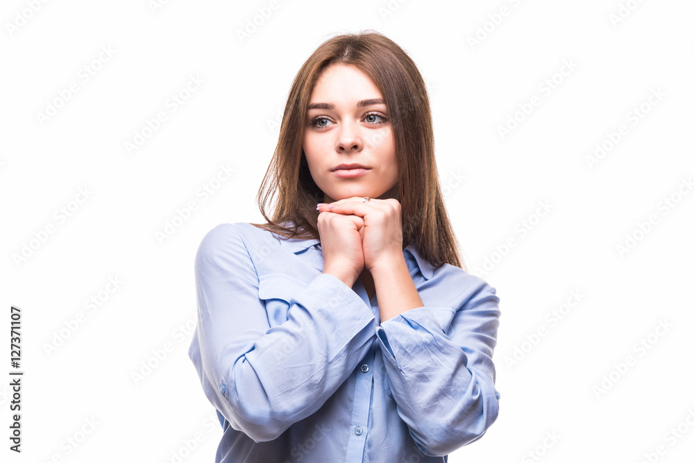 Portrait of girl with hands near face on white Portrait of girl with hands near face on white