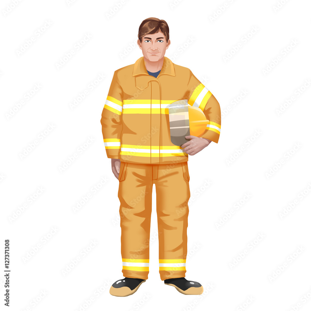 Fototapeta premium Smiling Fireman. Video Game's Digital CG Artwork, Concept Illustration, Realistic Cartoon Style Background and Character Design 