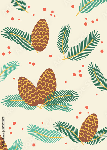 Christmas tree green branches, pine cone, red berries in pattern background. Fir, spruce design element for backdrop, wallpaper, wrap. New year holiday vector