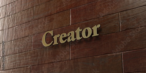Creator - Bronze plaque mounted on maple wood wall - 3D rendered royalty free stock picture. This image can be used for an online website banner ad or a print postcard.