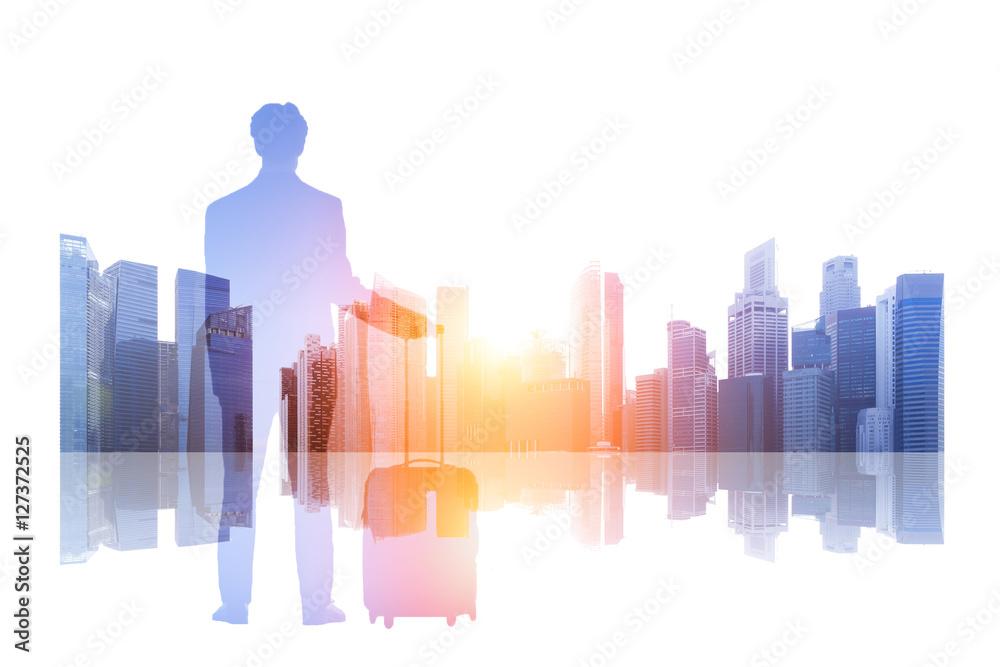 Business travel double exposure concept with city skyline in background