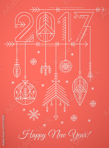 New Year greeting card template with 2017 sign and decorations