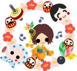The cute illustration of stylish girls in Kimono (Japanese style cloth). And it is usable to New Year holidays use including the New Year's card.