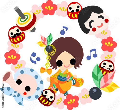 The cute illustration of stylish girls in Kimono  Japanese style cloth . And it is usable to New Year holidays use including the New Year s card.