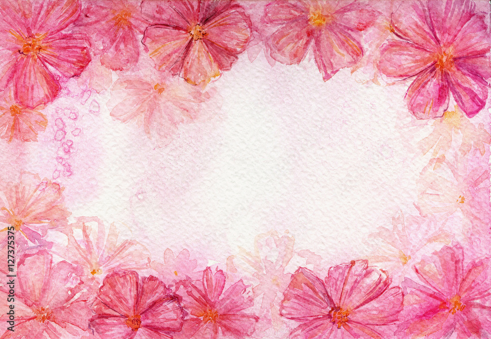Watercolor bright pink horizontal floral frame. Flower design for banner, card, invitation 