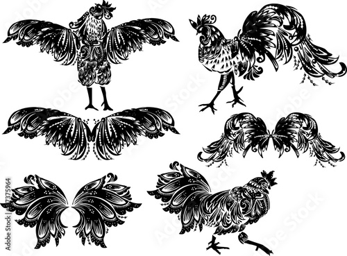 black decorated roosters and wings isolated on white