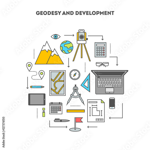 Concept set of tools and devices for surveying and engineering construction, the flat icons, vector illustration