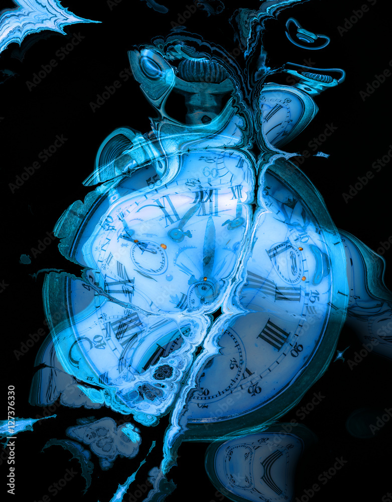 Fototapeta premium Fractal Time series on black background. Blue fractal clockwork. Digital artwork for creative graphic design.