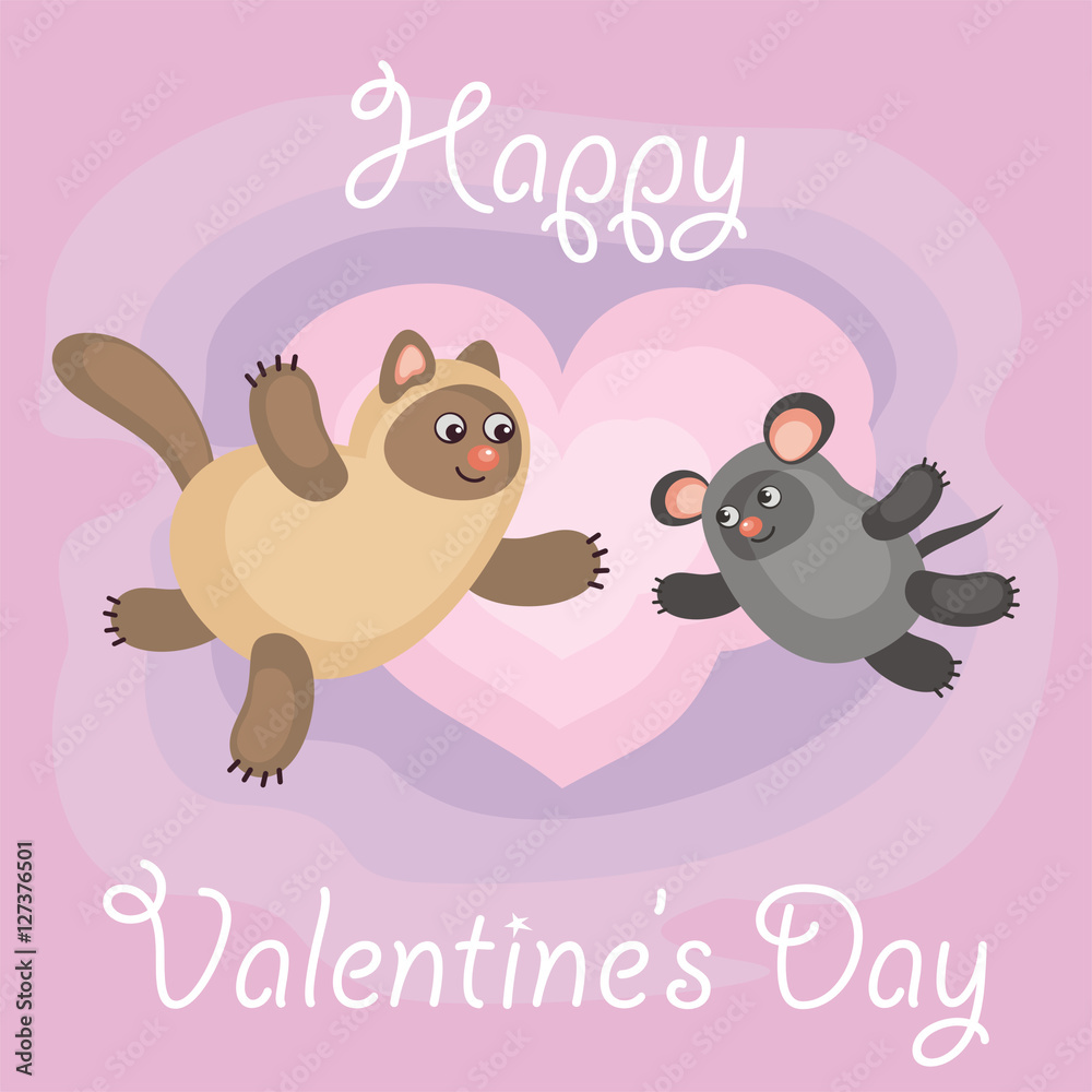 Valentines day greeting card with an amusing cat and mouse. Fun children's background in cartoon style. 