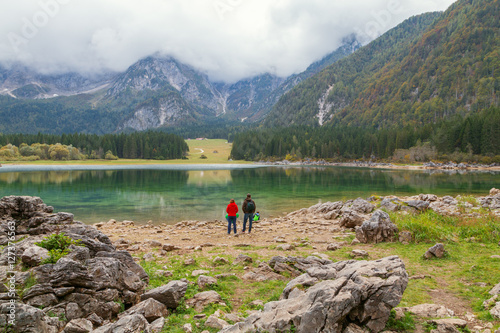 Beautiful Lago di Fusine the mountain lake and Mangart mountain © rolandbarat