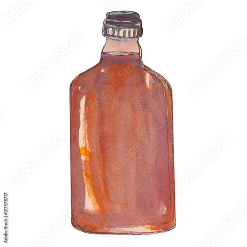 Bottle of brandy, whiskey, cognac. Watercolor isolated illustration.