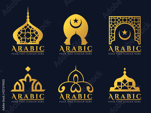 Gold Arabic doors and mosque architecture art logo vector set design