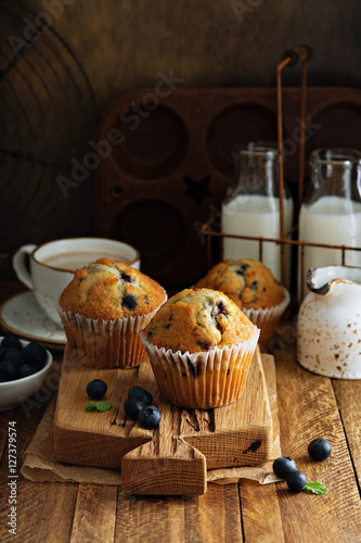 Freshly baked blueberry muffins in a rustic setting