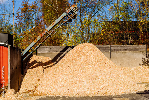 Small pile of sawdust or wood chips outside a sawmill.
