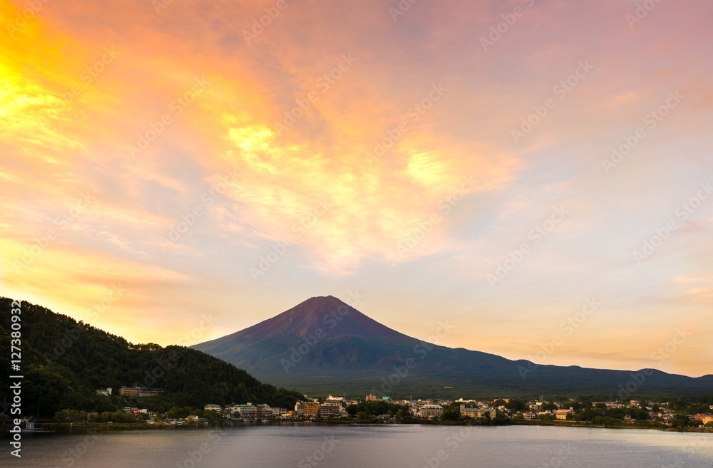 Mt. Fuji sunset in autumn at Lake Kawaguchiko in Yamanashi, Japan