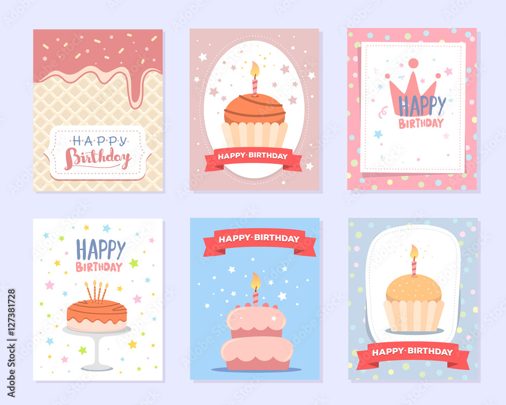 Naklejka premium Vector set of colorful illustration. Happy birthday template pos
