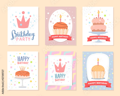 Vector set of colorful illustration. Happy birthday template pos