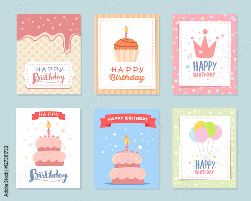Vector set of colorful illustration. Happy birthday template pos