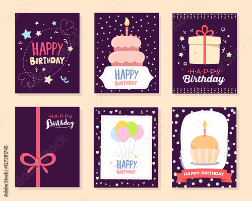 Vector set of colorful illustration. Happy birthday template pos