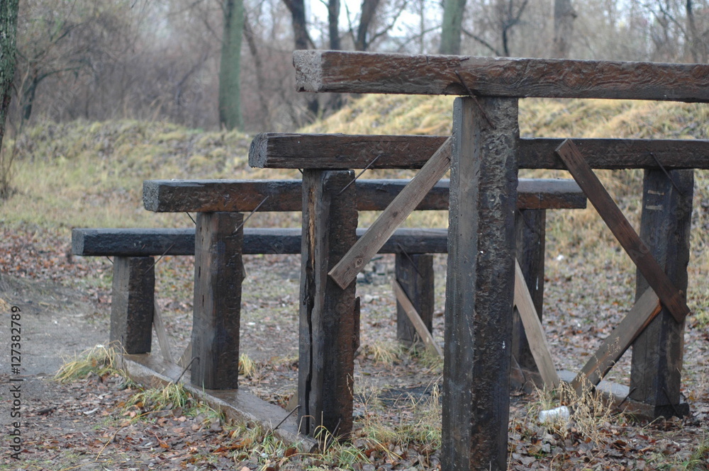 Large wooden simulator for outdoor exercise in the form of pillars, which increases the height. Large wooden simulator for outdoor exercise in the form of pillars, which increases the height.