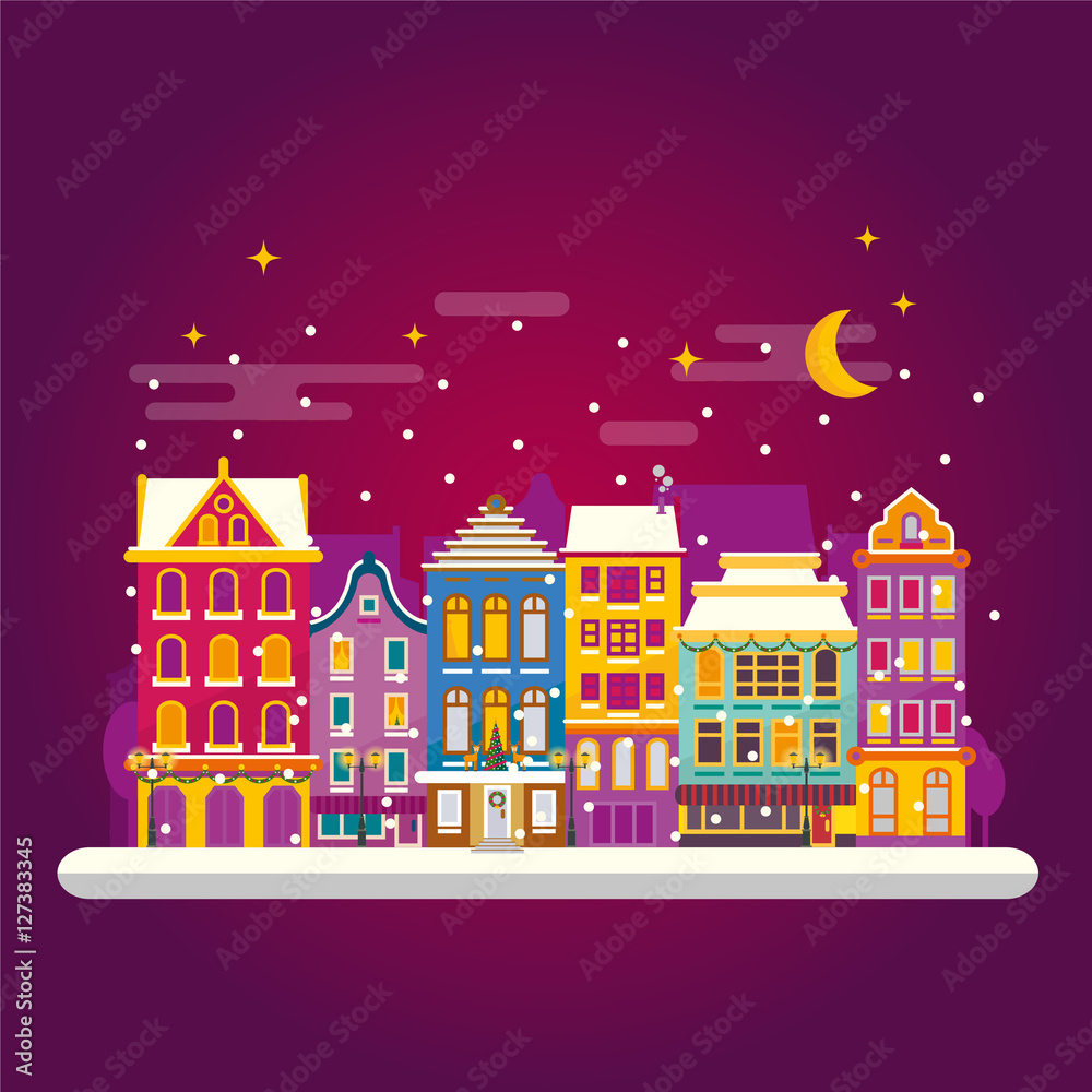 Winter night in cosy town street scene. Classic European houses
