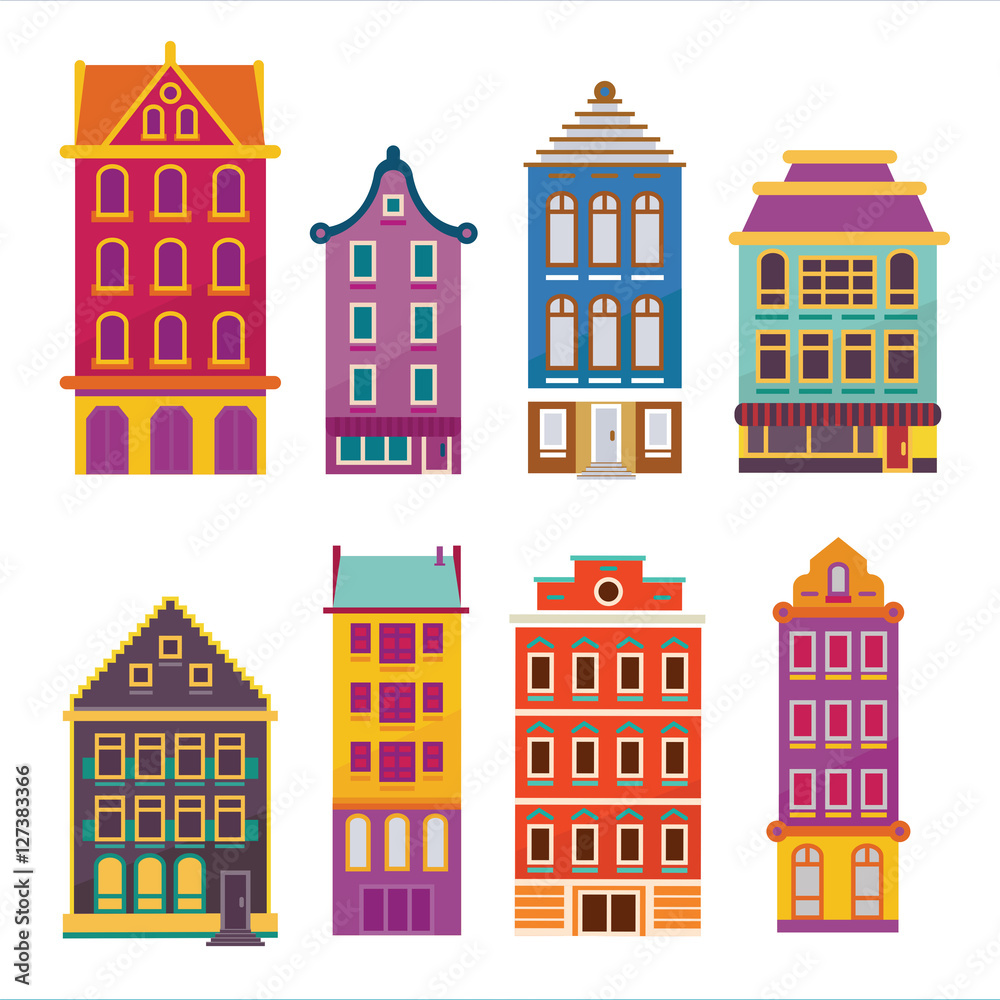 Cute bright cartoon flat house set. Vector bildings facades. Eur