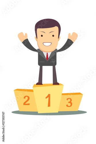 Businessman winner standing in first place on a podium